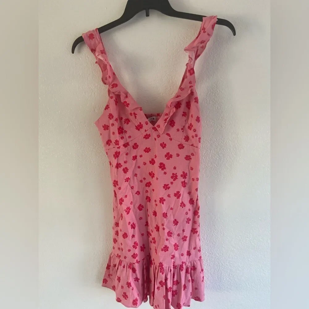 NWT Zara Floral Ruffle Linen V-Neck Mini Dress Pink/ Red Sz S